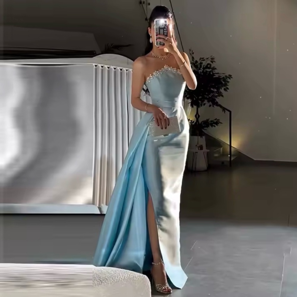 Strapless Satin Gown with Beaded Floral Trim